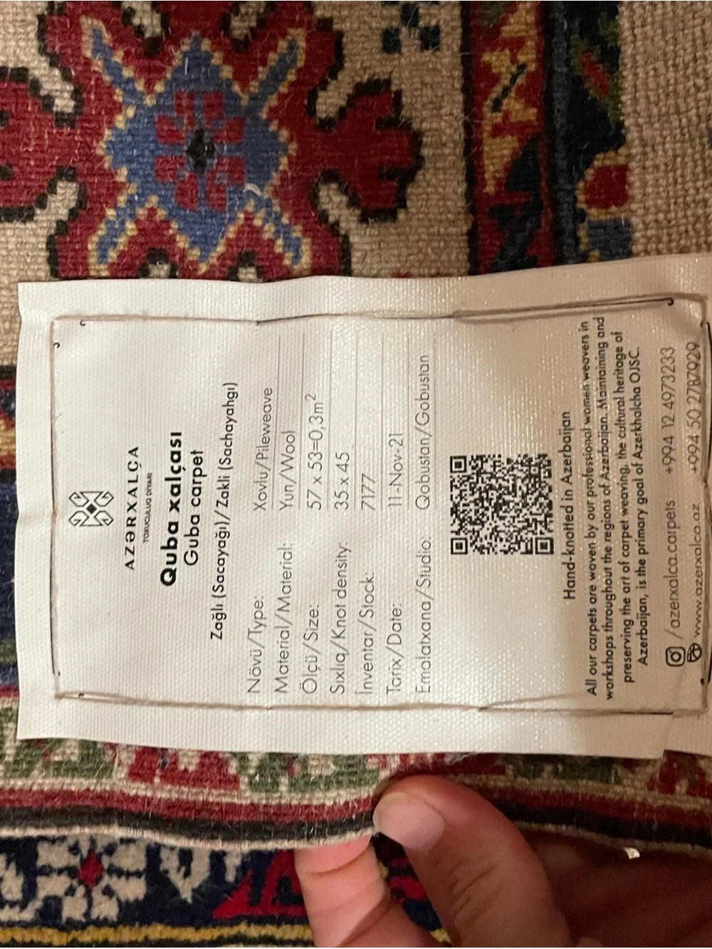Handwoven Azerbaijani Quba Wool Carpet | Azerxalça COA | 22” x 21